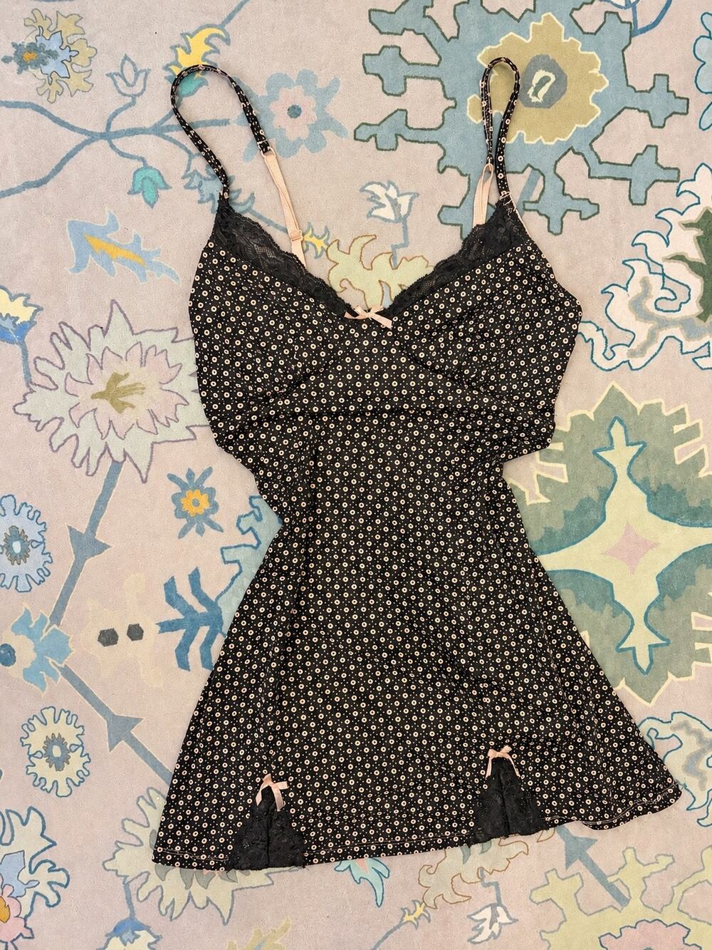 Dainty Black & Blush Lace Slip Mini Dress โ Size Small